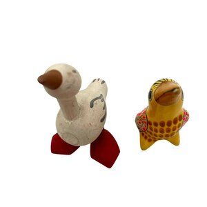 Hand-Painted Wooden Bird Figurines - Quirky Goose & Cheerful Yellow Bird 3" Tall